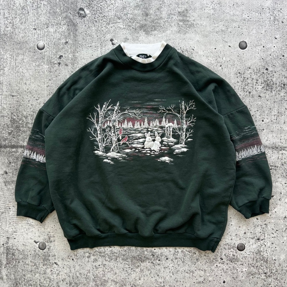 Vintage Bunny Sweatshirt Womens XL Green Winter Cardinal Boxy Nature 3/4 Sleeve